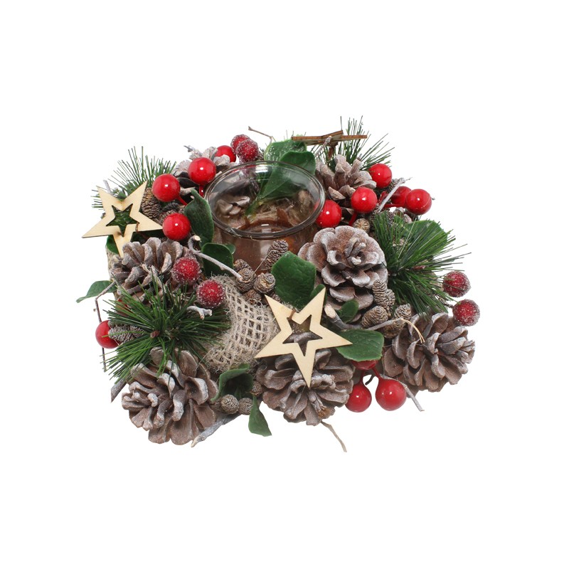 Centrotavola natalizio con decorazioni naturali e stelle in legno 4483 - 22x22x8 cm