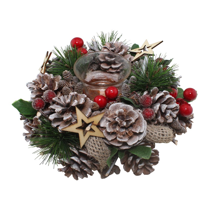 Centrotavola natalizio con decorazioni naturali portacandela in vetro e stelle in legno 4490 - 22x22x8 cm