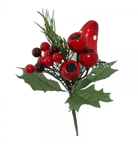 Decorazione Natalizia Ramo con Fungo e bacche rosse 25 cm con picks 4971