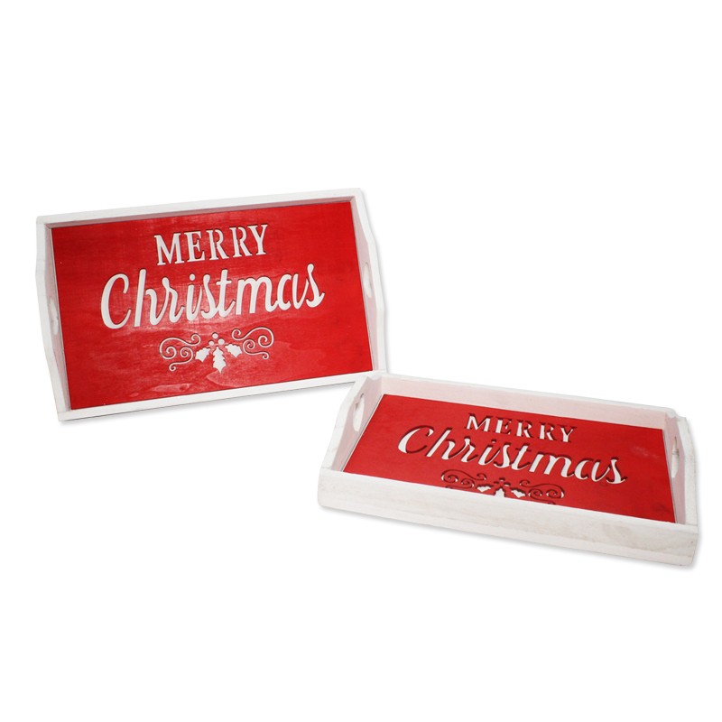 Set 2 Vassoi Natalizi in Legno Bianco e Rosso con Scritta Merry Christmas 31x19 - 6999