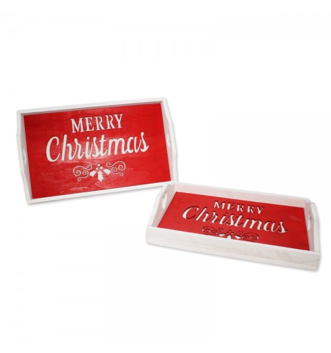 Set 2 Vassoi Natalizi in Legno Bianco e Rosso con Scritta Merry Christmas 31x19 - 6999