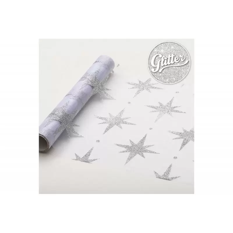runner tavola in organza stelle argento glitterate 28cm  x 3 metri 61001