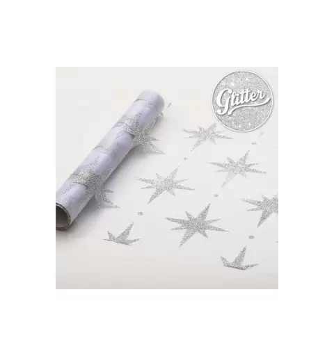 runner tavola in organza stelle argento glitterate 28cm  x 3 metri 61001