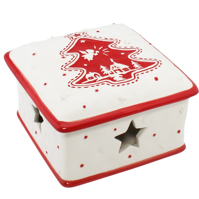 Scatola Natalizia quadrata in ceramica con decorazione Albero 3287 - 14x14x9cm