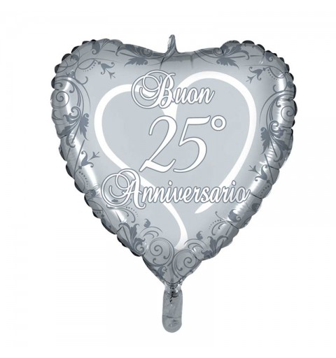 Palloncino buon 25° anniversario cuore silver 45 cm  MEM15