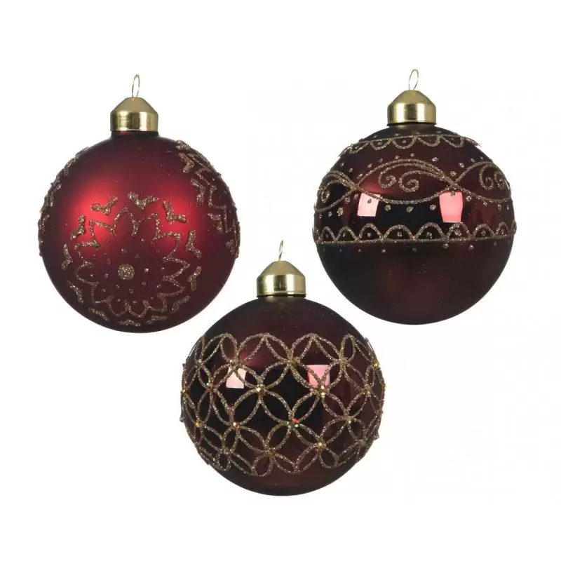 PALLINE NATALIZIE ROSSE DI VETRO CON DECORAZIONI ORO – 6 PZ