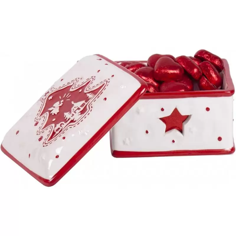 SCATOLA CERAMICA QUADRATA NATALIZIA DA REGALO CON CIOCCOLATINI CUORE