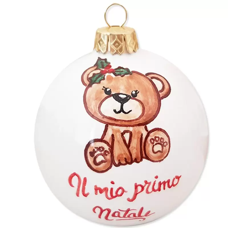 Pallina Natalizia in ceramica Decorata a Mano - Orsetta  Il mio primo natale  8cm