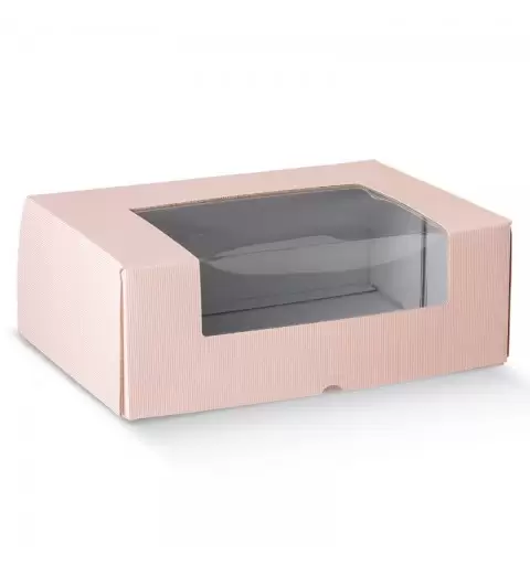 scatola box porta dolci con finestra millerighe rosa 380 x 300 x 140 mm 17465
