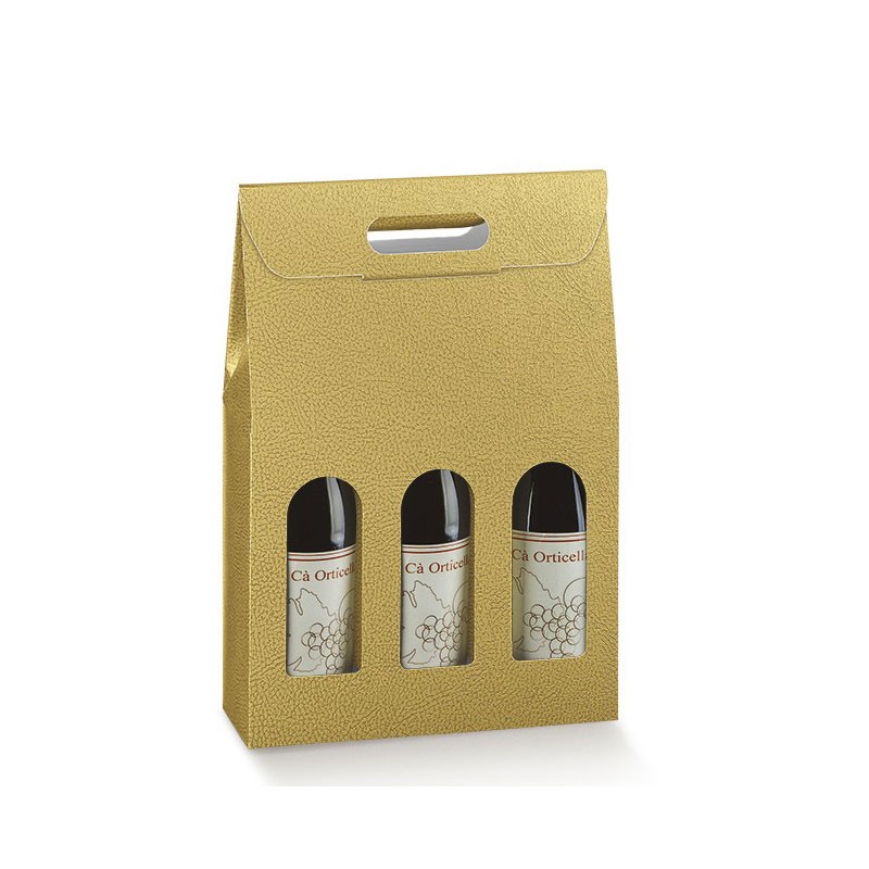 Scatola in cartone 3 bottiglie pelle oro 300 x 100 x 385 mm 33569