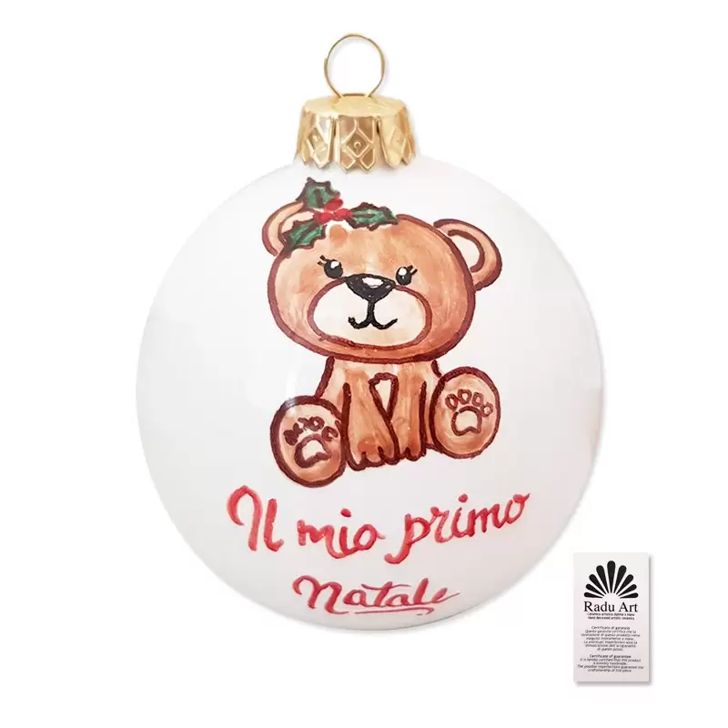 Pallina Natalizia in ceramica Decorata a Mano - Orsetta  Il mio primo natale  8cm