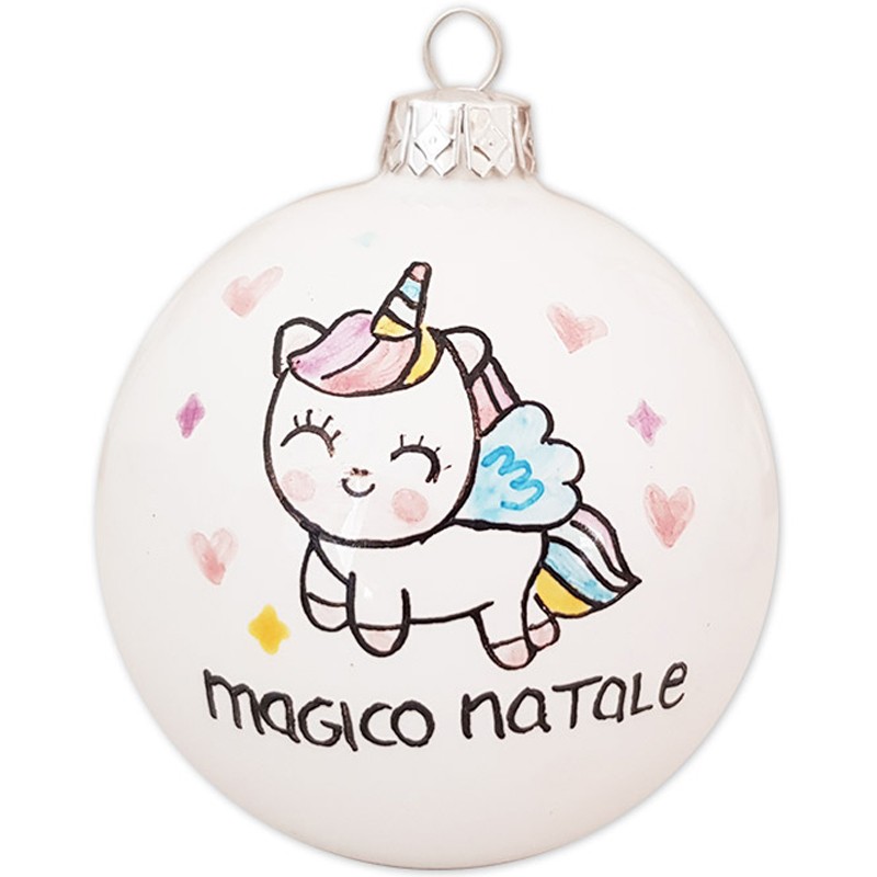 Pallina natalizia unicorno decorata a mano 8 cm con confezione regalo
