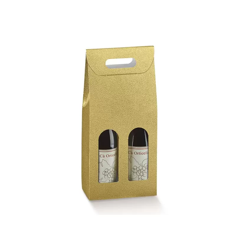 Scatola in cartone 2 bottiglie pelle oro 200 x 100 x 385 mm 33568
