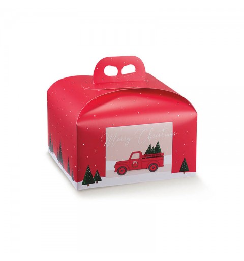 Scatola porta panettone merry christmas red pickup con maniglia 37123 245 x 245 x 130 mm