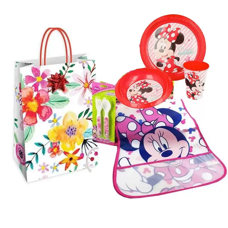 SET PAPPA REGALO MINNIE CON BAVETTA POSATE E PIATTO – CON SHOPPER