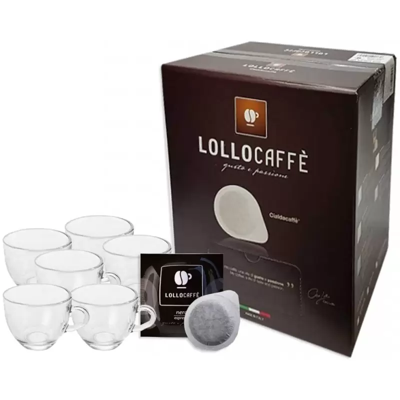 150 CIALDE LOLLO CAFFÉ NERO ESPRESSO CON 6 TAZZINE DI VETRO