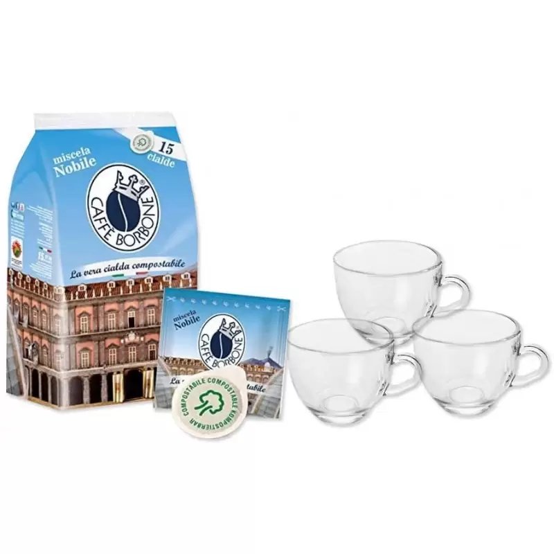 120 CIALDE CAFFÉ BORBONE MISCELA NOBILE E 12 TAZZINE DI VETRO