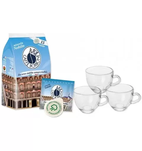 120 CIALDE CAFFÉ BORBONE MISCELA NOBILE E 12 TAZZINE DI VETRO