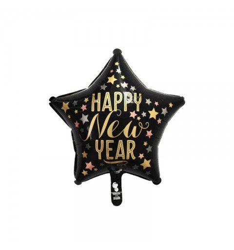 Palloncino Foil satinato nero a  Stella  Happy new year 3832401 48 cm 19\'\'