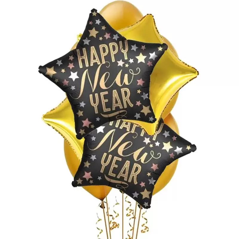 BOUQUET DI PALLONCINI N.9 HAPPY NEW YEAR NERO E ORO SATINATO