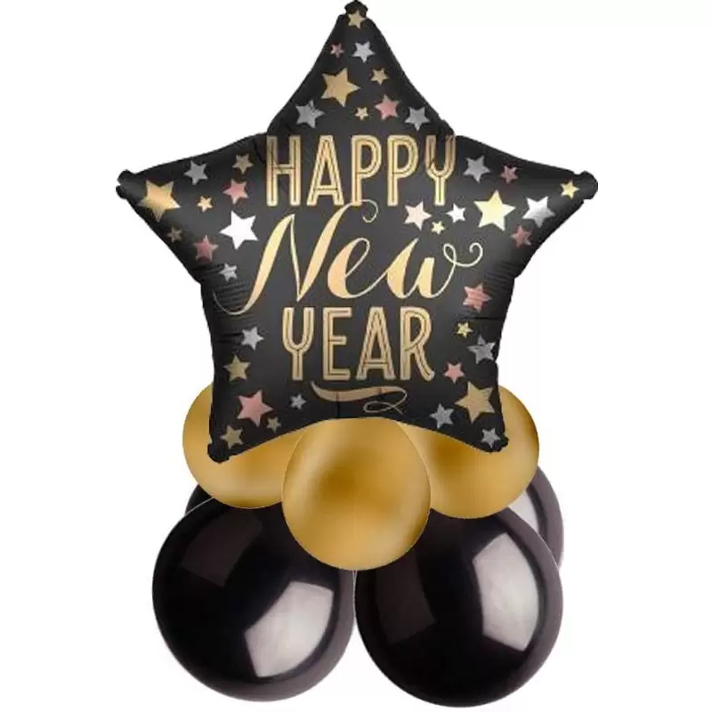 CENTROTAVOLA DI PALLONCINI HAPPY NEW YEAR NERO E ORO SATINATO