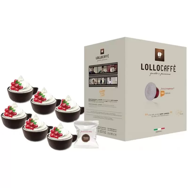 100 CAPSULE LOLLO CAFFEÉ MISCELA CLASSICA CON 12 TAZZINE DI CIOCCOLATO