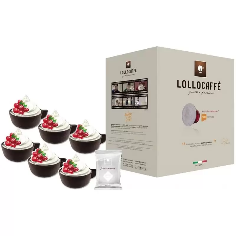 100 CAPSULE LOLLO CAFFÉ COMPATIBILI PASSIONE ESPRESSO MISCELA ARGENTO CON 12 TAZZINE DI CIOCCOLATO