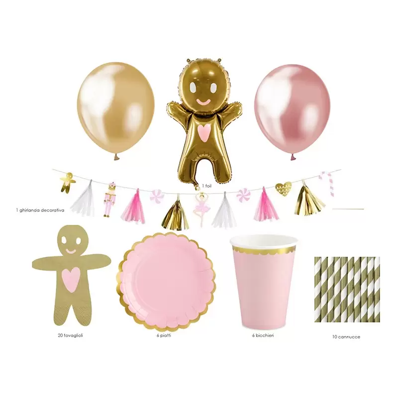 PARTY BOX GINGERMAN ROSA E ORO A TAVOLA CON 6 PERSONE