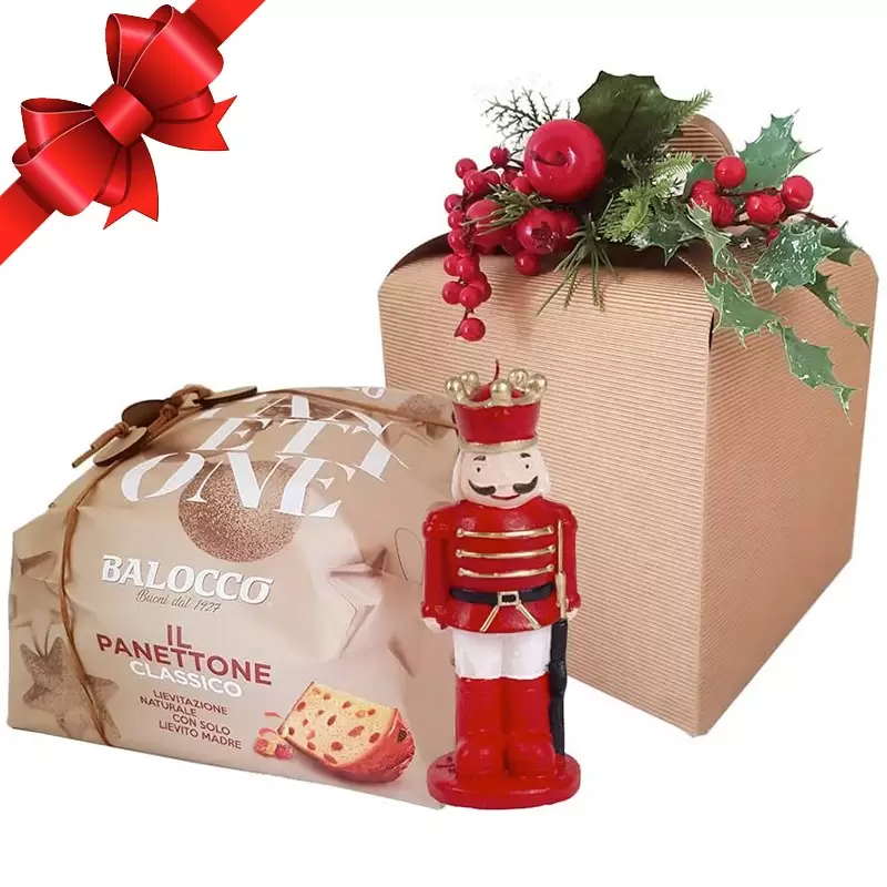 PANETTONE BALOCCO CON CONFEZIONE REGALO E CANDELA SCHIACCIANOCI