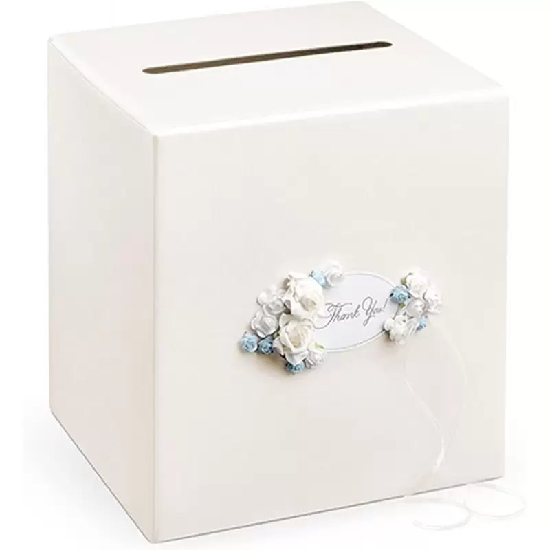 CARD BOX CREMA CON ROSE BIANCHE E CELESTI