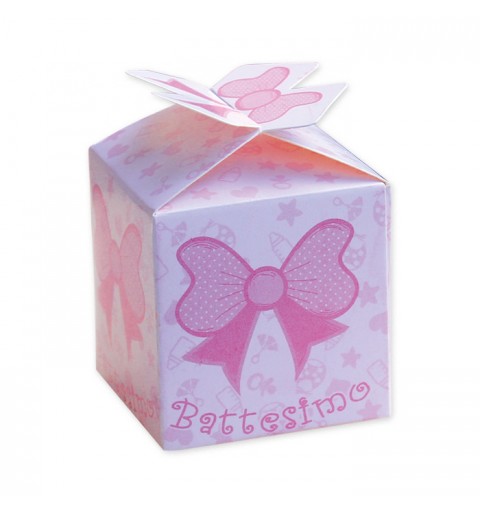 25 SCATOLINE CUBETTO BATTESIMO FIOCCO ROSA