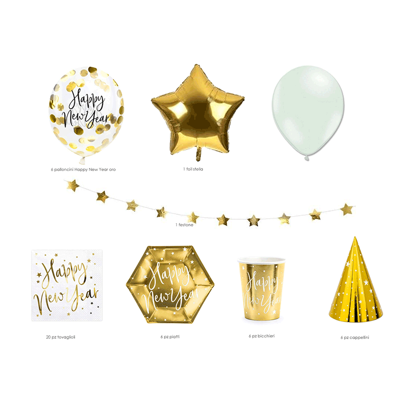 PARTY BOX HAPPY NEW YEAR GOLD & WHITE A TAVOLA CON 6 PERSONE