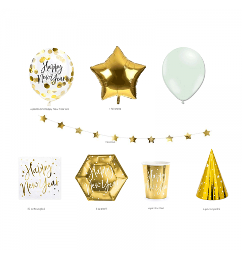 PARTY BOX HAPPY NEW YEAR GOLD & WHITE A TAVOLA CON 6 PERSONE