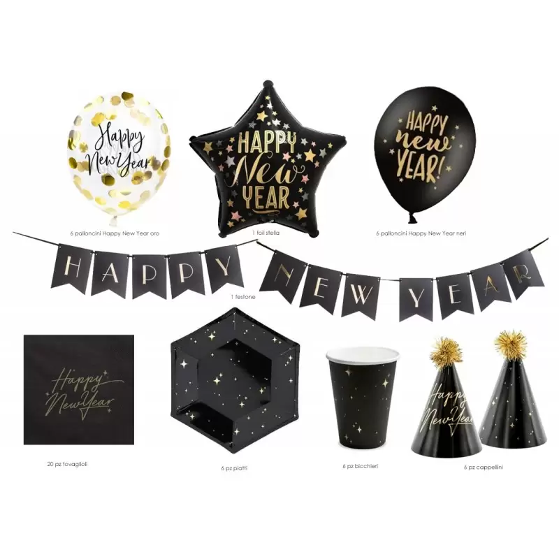 PARTY BOX HAPPY NEW YEAR NERO E ORO A TAVOLA CON 6 PERSONE