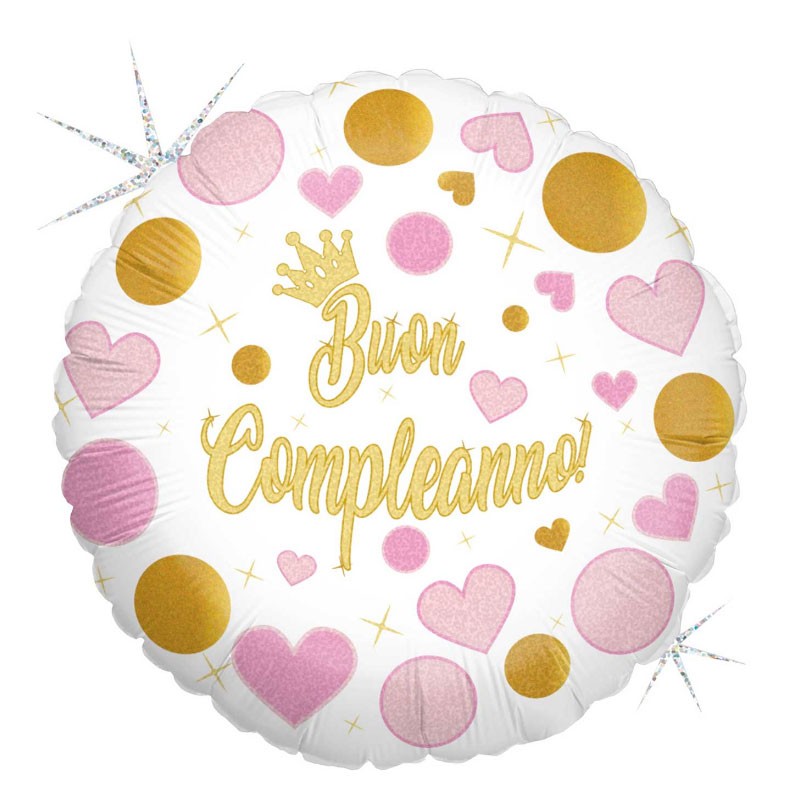 Palloncino Foil Buon Compleanno rosa Stelle e Pois gliterato MEM42 45 cm