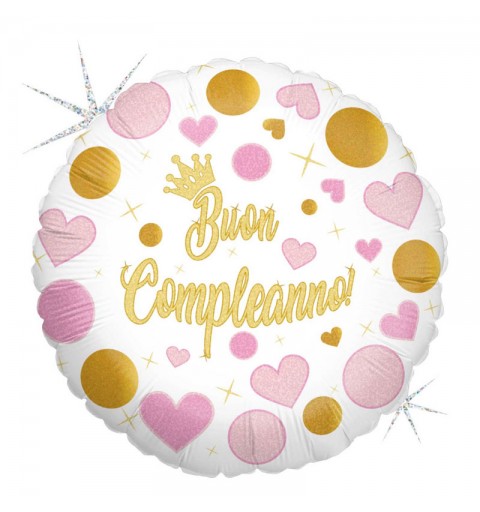 Palloncino Foil Buon Compleanno rosa Stelle e Pois gliterato MEM42 45 cm
