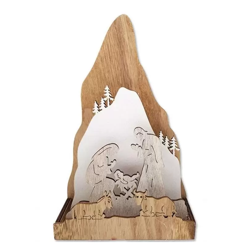 NATIVITÀ DI LEGNO CON LUCI BATTERIA  18 CM