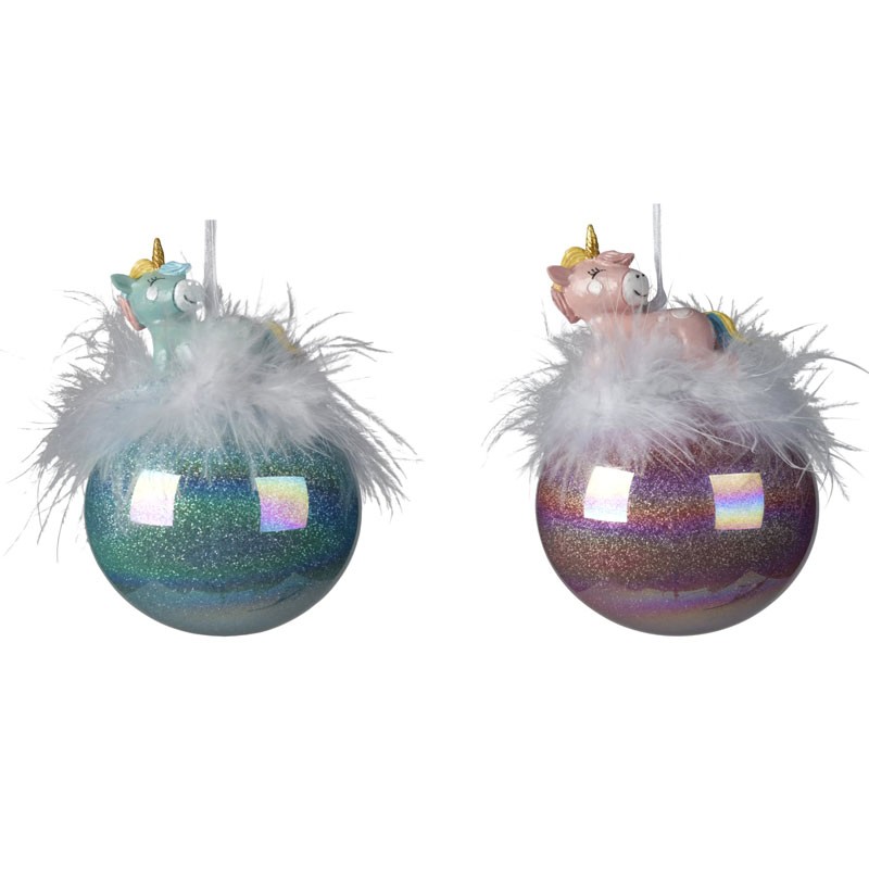Palla in Vetro unicorno con piume - 2 colori assortiti 061817