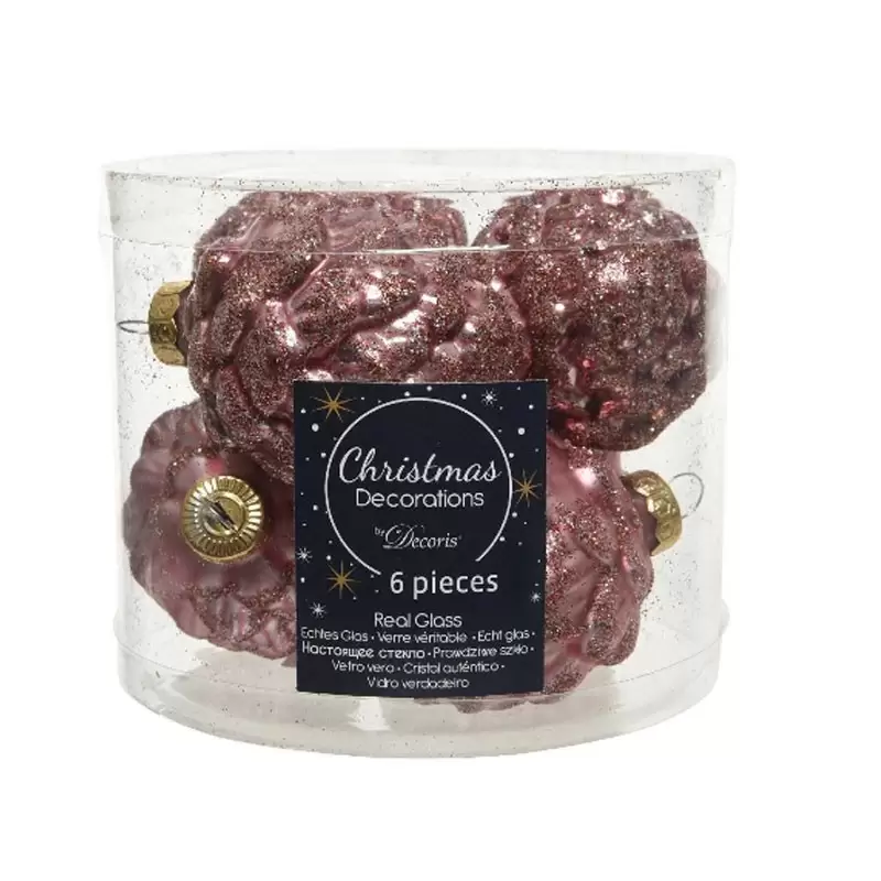 set 6 palline natalizie in vetro a forma di pigna rosa 010011