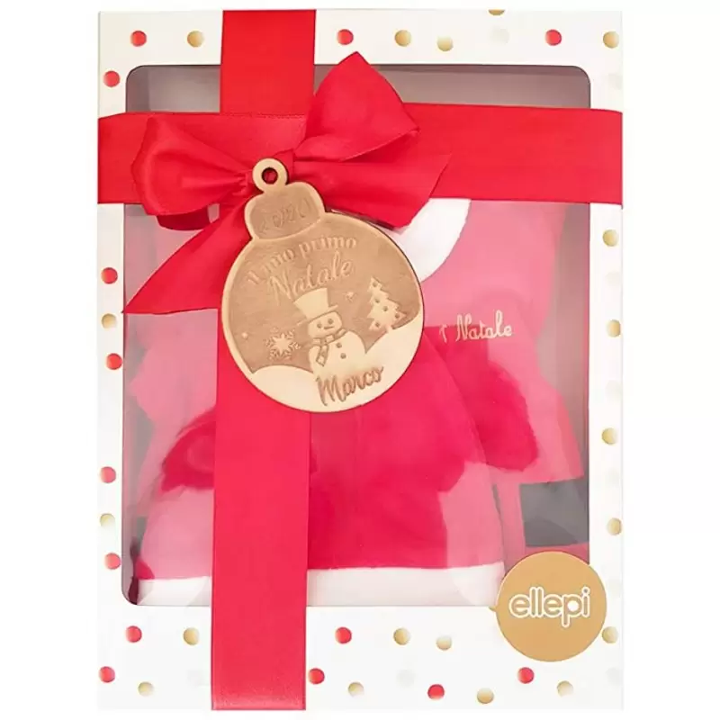 COMPLETINO BABBO NATALE 9 MESI CON PALLINA PERSONALIZZABILE DI LEGNO