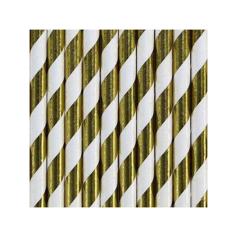 10 Cannucce di carta oro con strisce bianche oblique 19,5 cm SPP1M-019