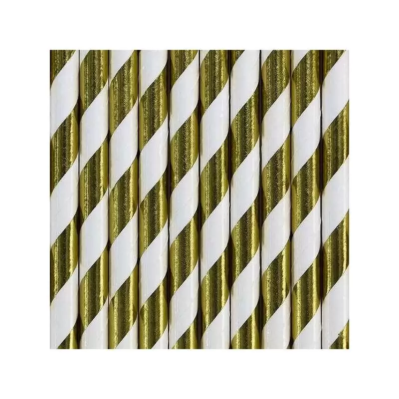 10 Cannucce di carta oro con strisce bianche oblique 19,5 cm SPP1M-019