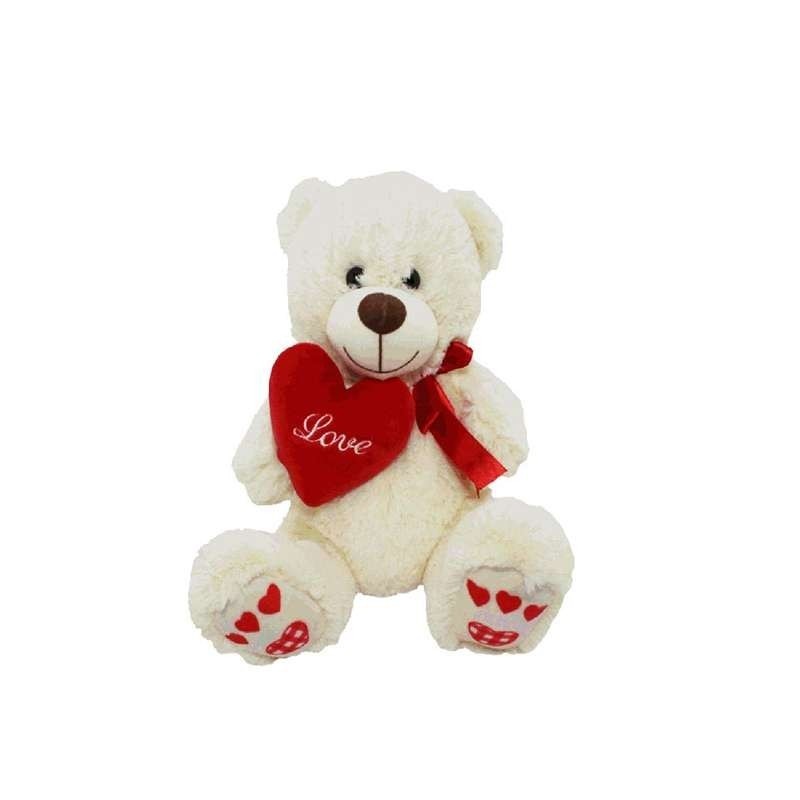 Peluche orso orsetto bianco  con cuore e fiocco 25 cm 94855
