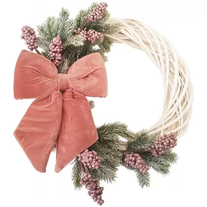 GHIRLANDA NATALIZIA BIANCA DI LEGNO CON DECORAZIONI ROSA
