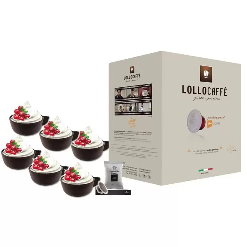 BOX CAPSULE LOLLO CAFFÉ COMPATIBILI BIALETTI MISCELA NERA 100 PZ CON 12 TAZZINE DI CIOCCOLATO