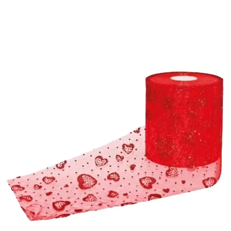 ROTOLO TULLE GLITTER ROSSO CUORI 100 MT
