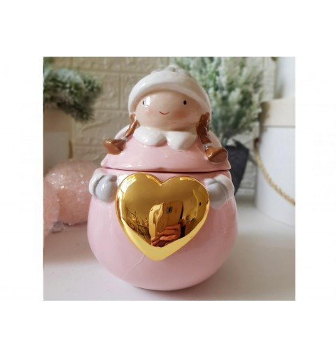 contenitore biscottiera in ceramica bambina con cuore F107 colori assortiti 23 cm h