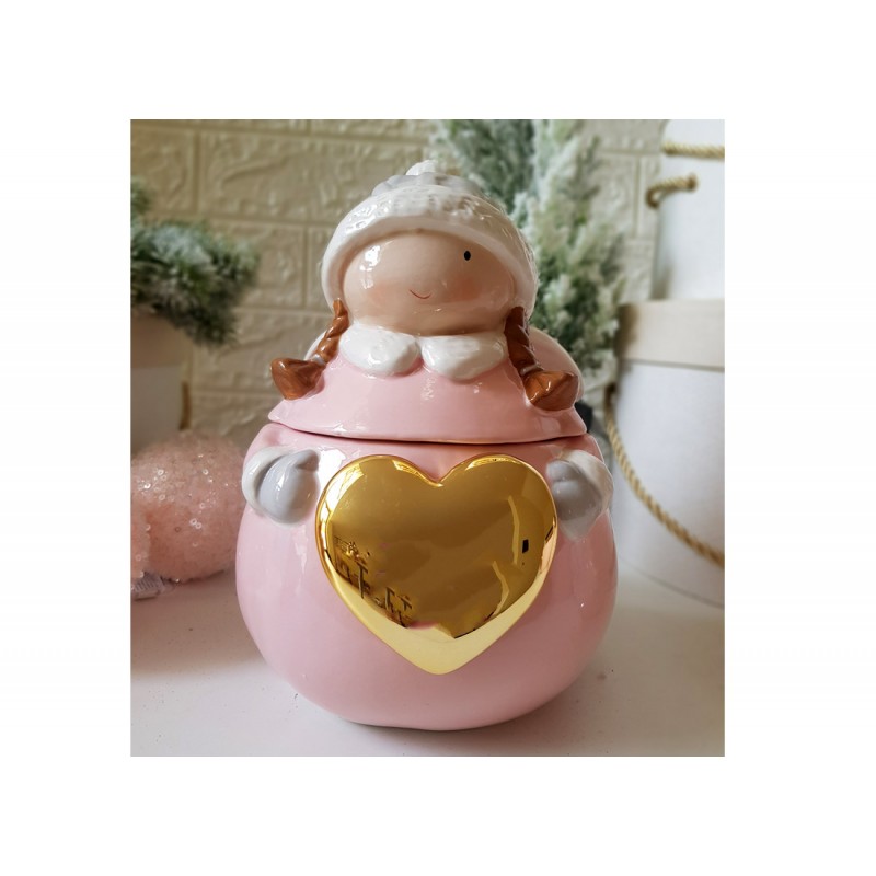 contenitore in ceramica bambina con cuore F108 colori assortiti 18 cm h