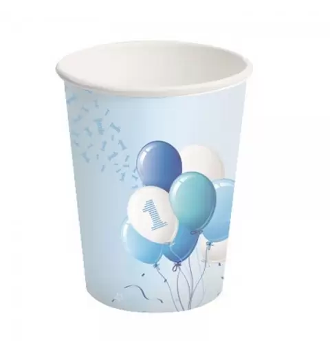 Bicchieri carta 250 ml 1 Compleanno Palloncini Azzurro 8 pz
