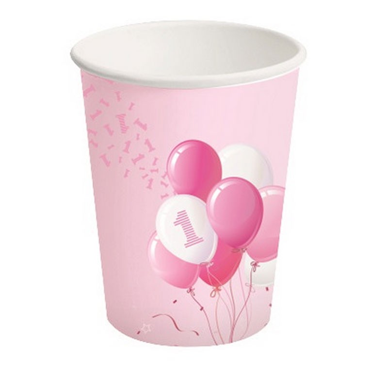 Bicchieri carta 250 ml 1 Compleanno Palloncini rosa 8 pz